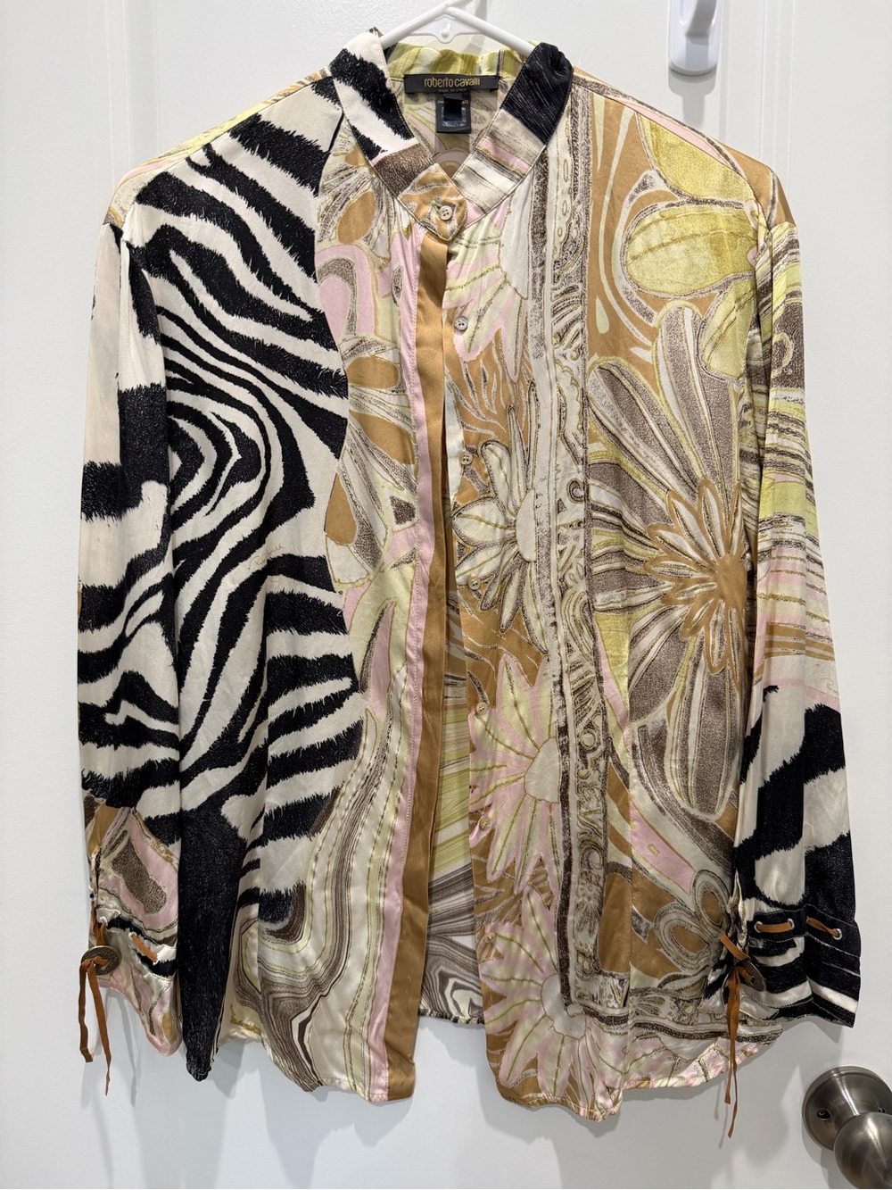 Roberto Cavalli Silk Zebra Floral Print Tunic Blouse Button Down XL Italy Y2K